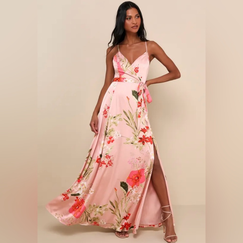 Lulus Still the One Blush Pink Floral Print Satin Maxi Dress